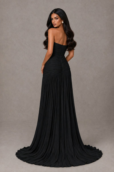 BOLODOO Black Metallic Ruched Strapless Pleated A-Line Backless Maxi Dress with Train - Black - Black_2