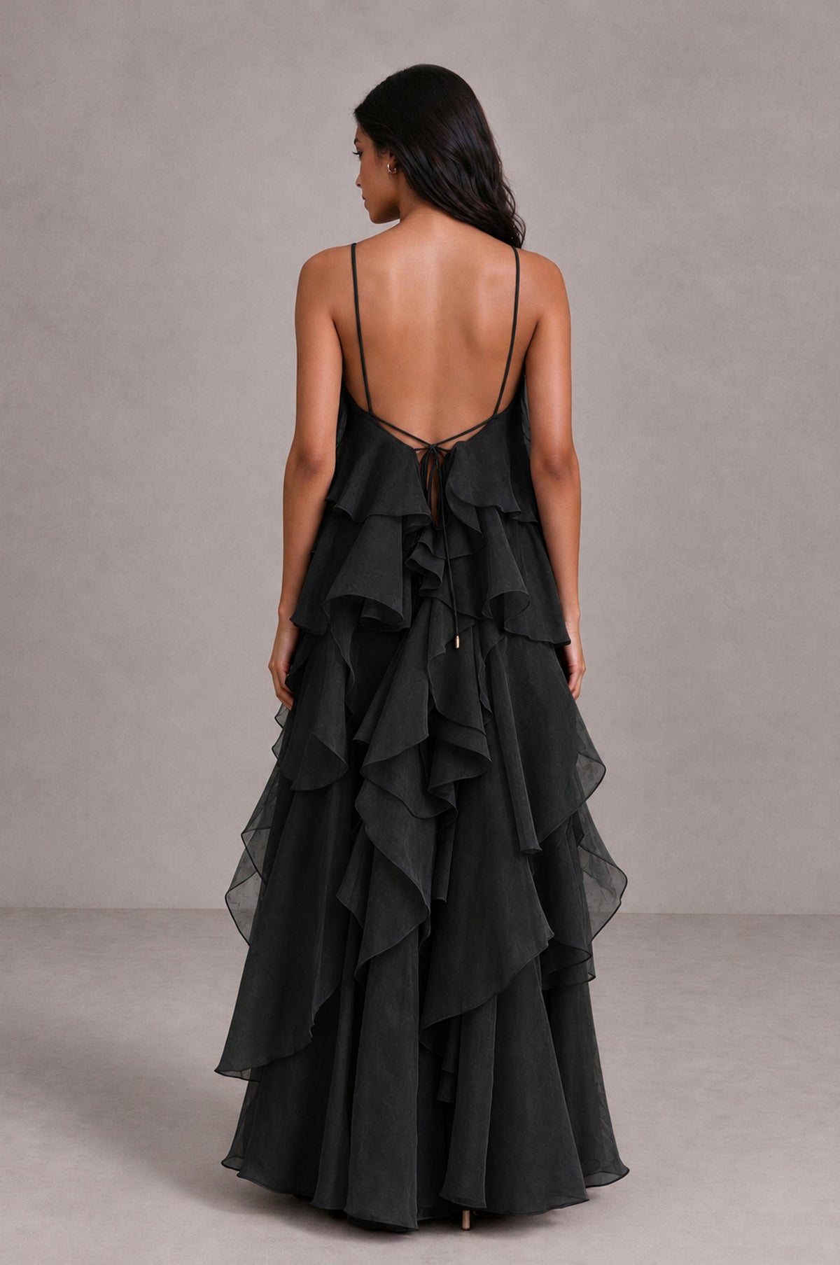 BOLODOO Black Cascading Ruffle Rosette Open-Back Maxi Dress - Black - Black_2