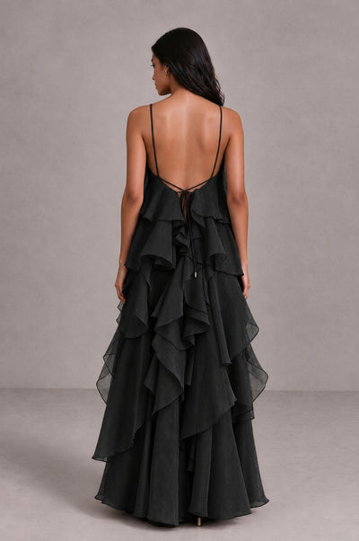BOLODOO Black Cascading Ruffle Rosette Open-Back Maxi Dress - Black - Black_2