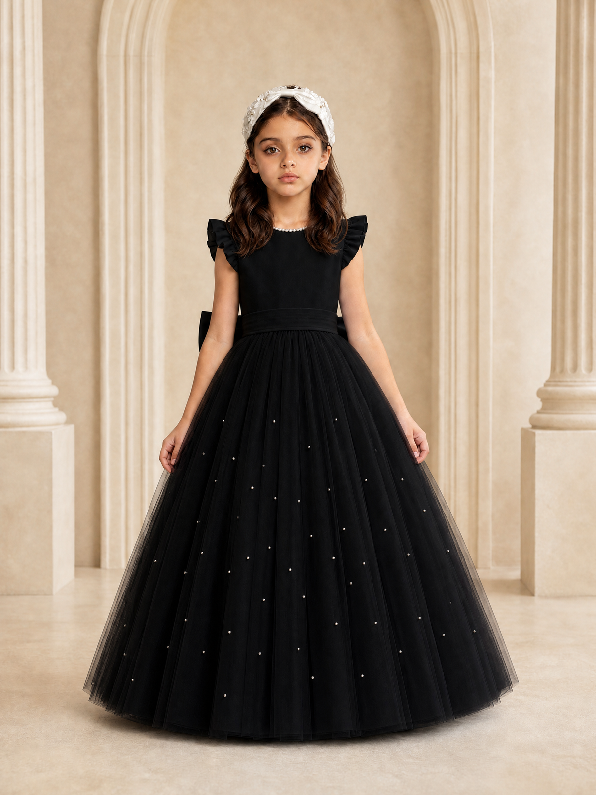 BOLODOO Black Tulle Flower Girl Dress with Ruffle Sleeves & Bow Back - Black - Black_2