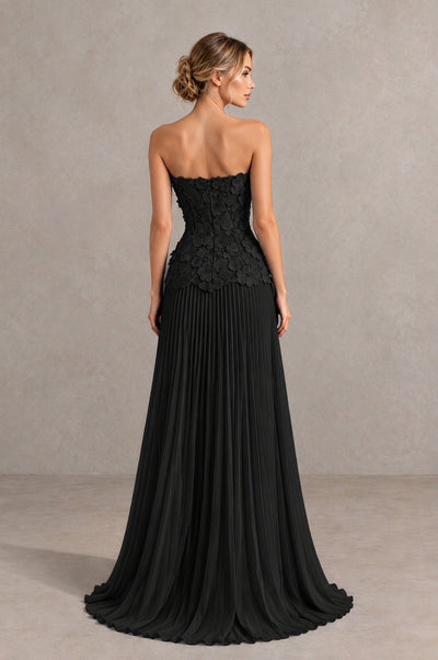 BOLODOO Black Strapless Floral Applique Pleated Evening Dress - Black - Black_2