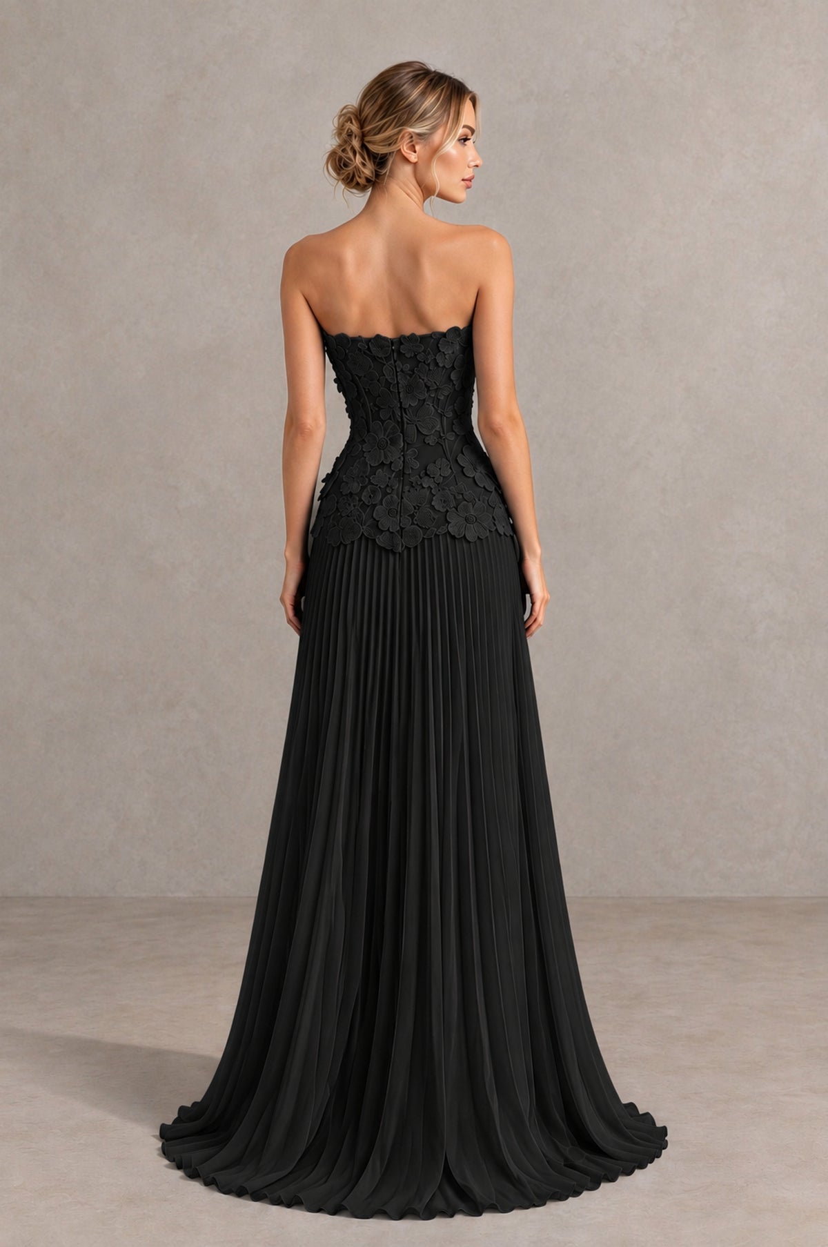 BOLODOO Black Strapless Floral Applique Pleated Evening Dress - Black - Black_2