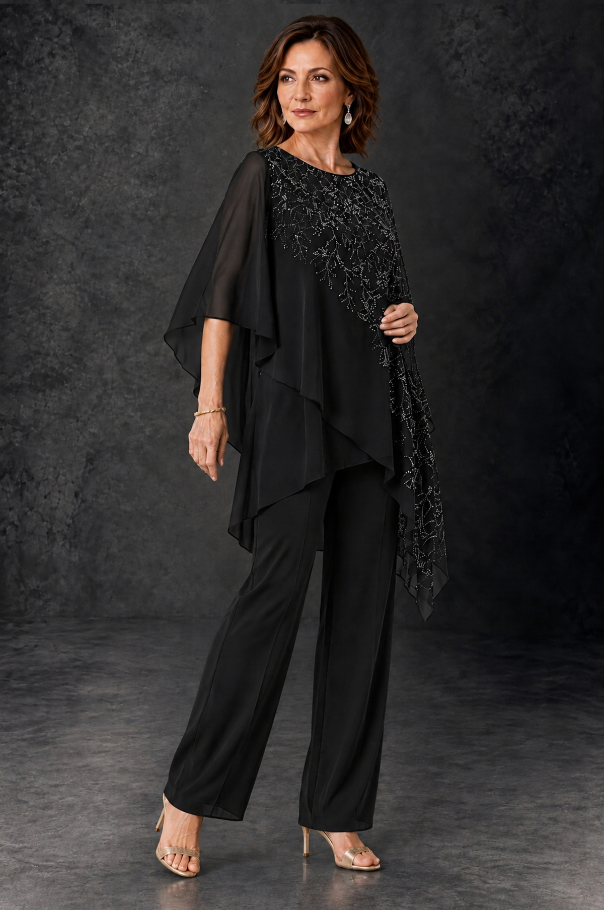 BOLODOO Black Embellished Cape Pant Suit for Mother of the Bride - Black - Black_2