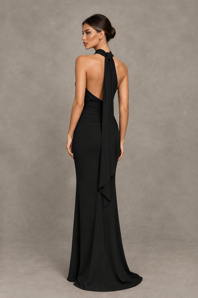 BOLODOO Black Chiffon Halter Maxi Formal Wedding Guest Dress - Black - Black_2