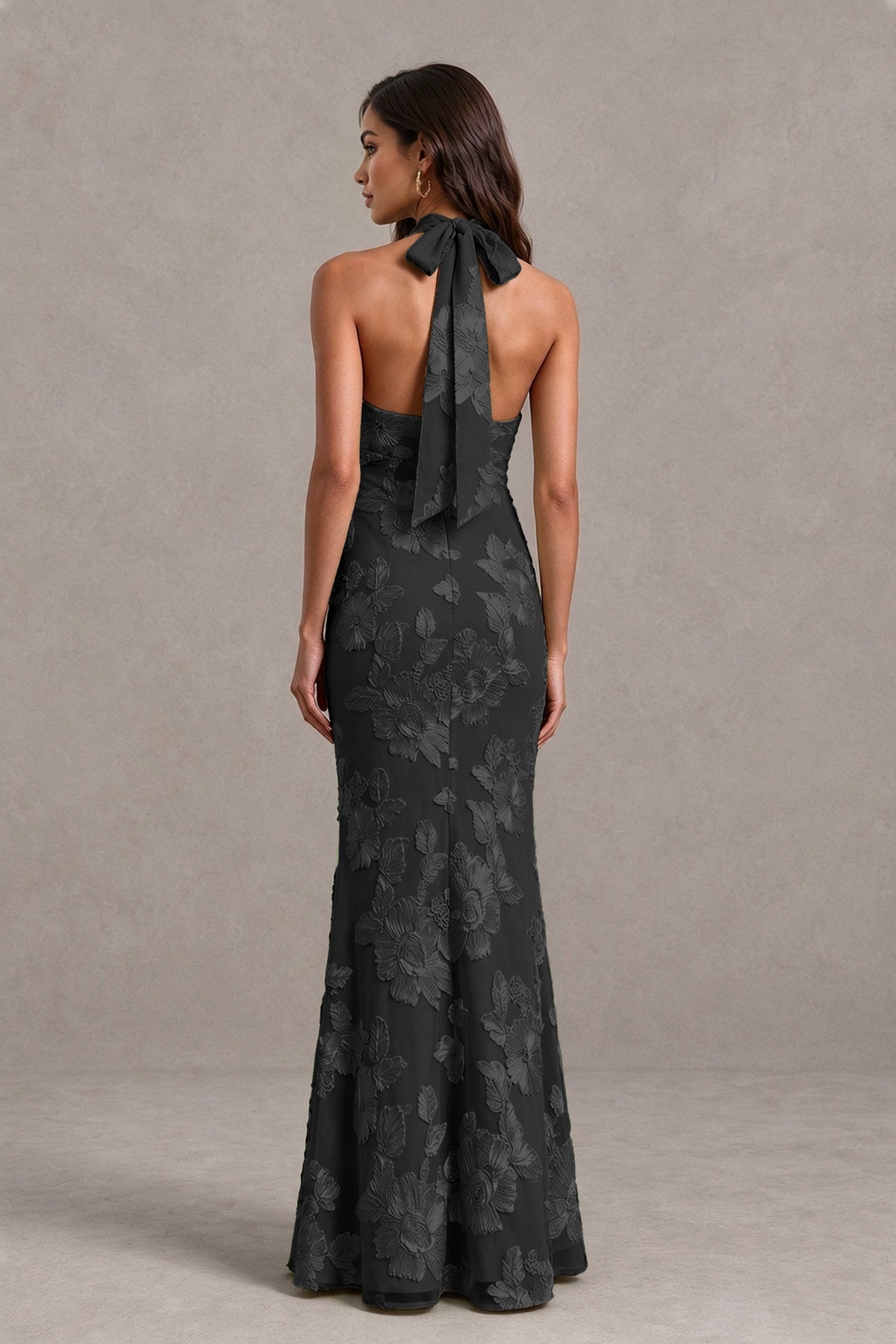 BOLODOO Black Floral Jacquard Halter Maxi Dress - Black - Black(2)