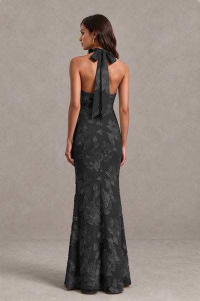 BOLODOO Black Floral Jacquard Halter Maxi Dress - Black - Black(2)