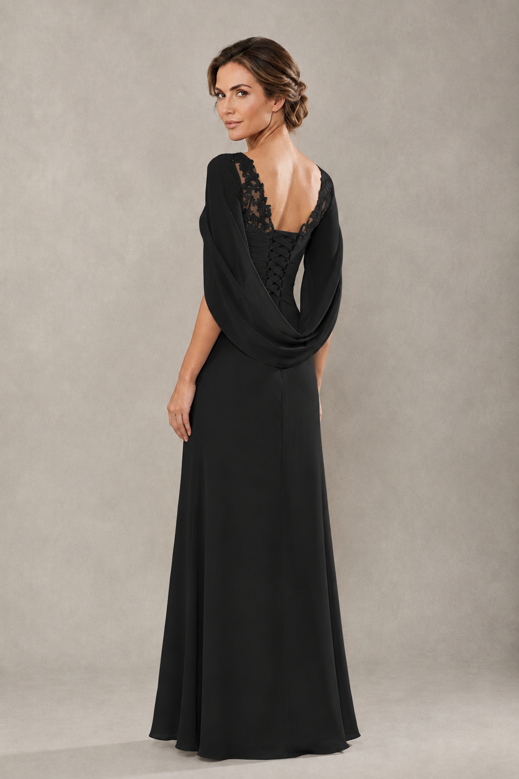 BOLODOO Black Chiffon V-Neck Lace Applique Cape Sleeve Cascade Ruffle Lace-Up Back Sheath Maxi Evening Dress - Black