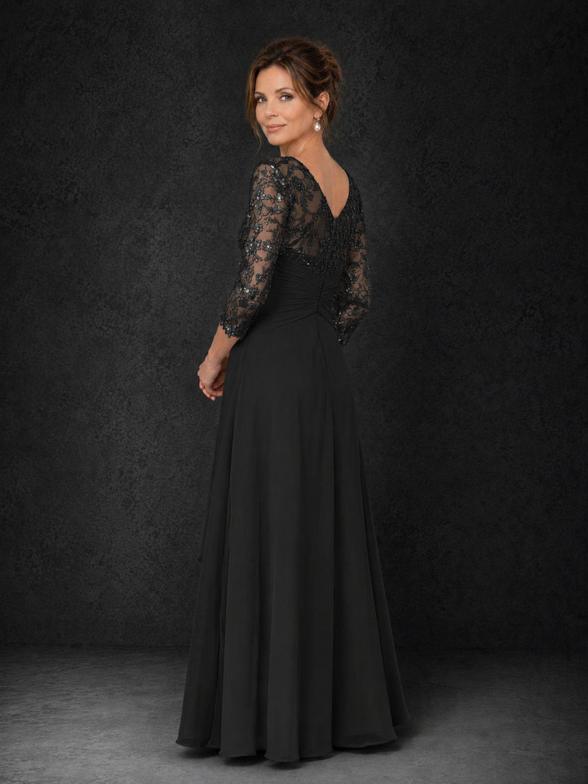 BOLODOO Black Sequin Lace & Chiffon Tea-Length Mother of the Bride Dress with 3/4 Sleeves - Black