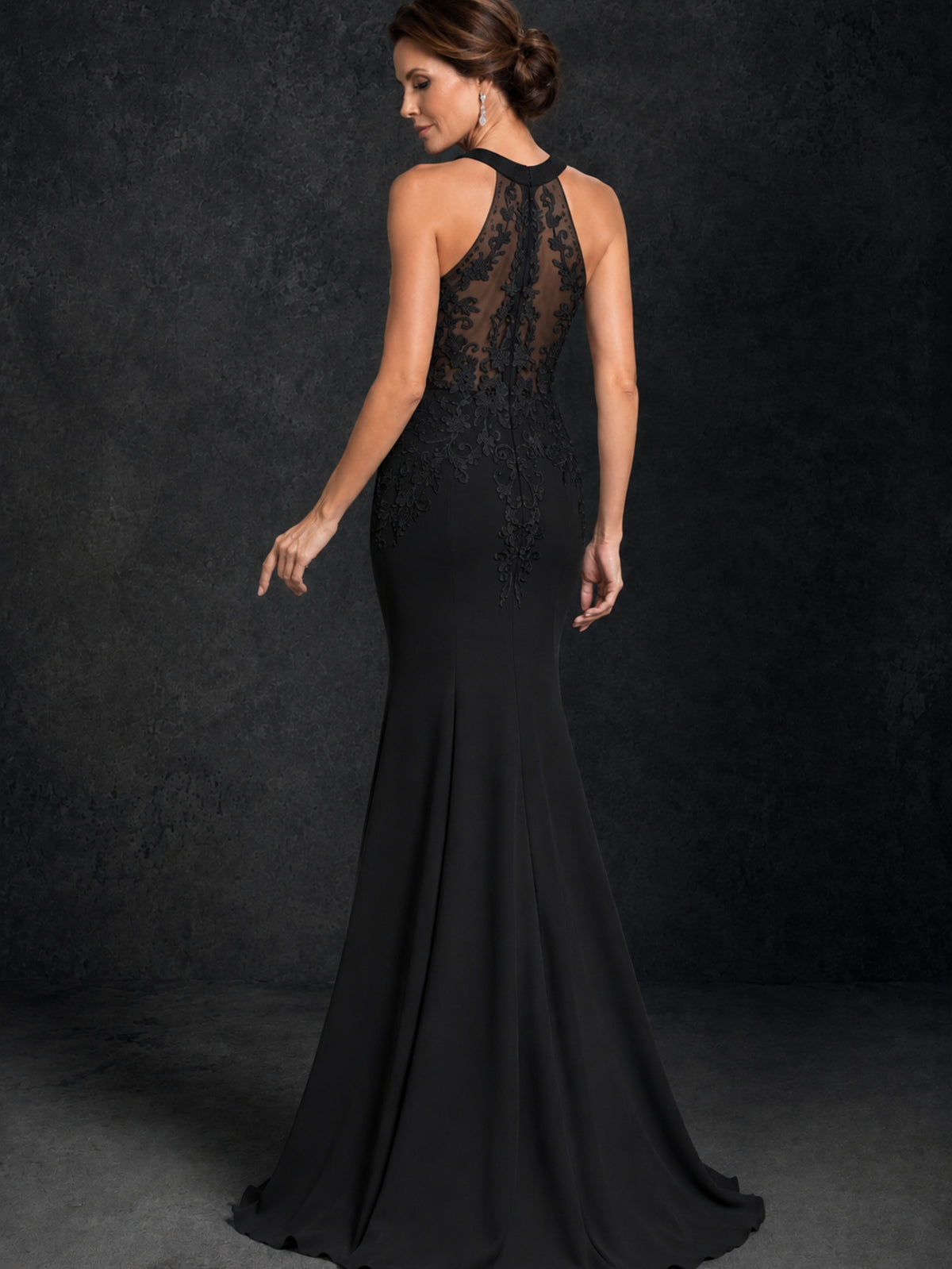 BOLODOO Black Lace Applique Halter Neck Sheer Back Mermaid Maxi Dress with Sweep Train - Black