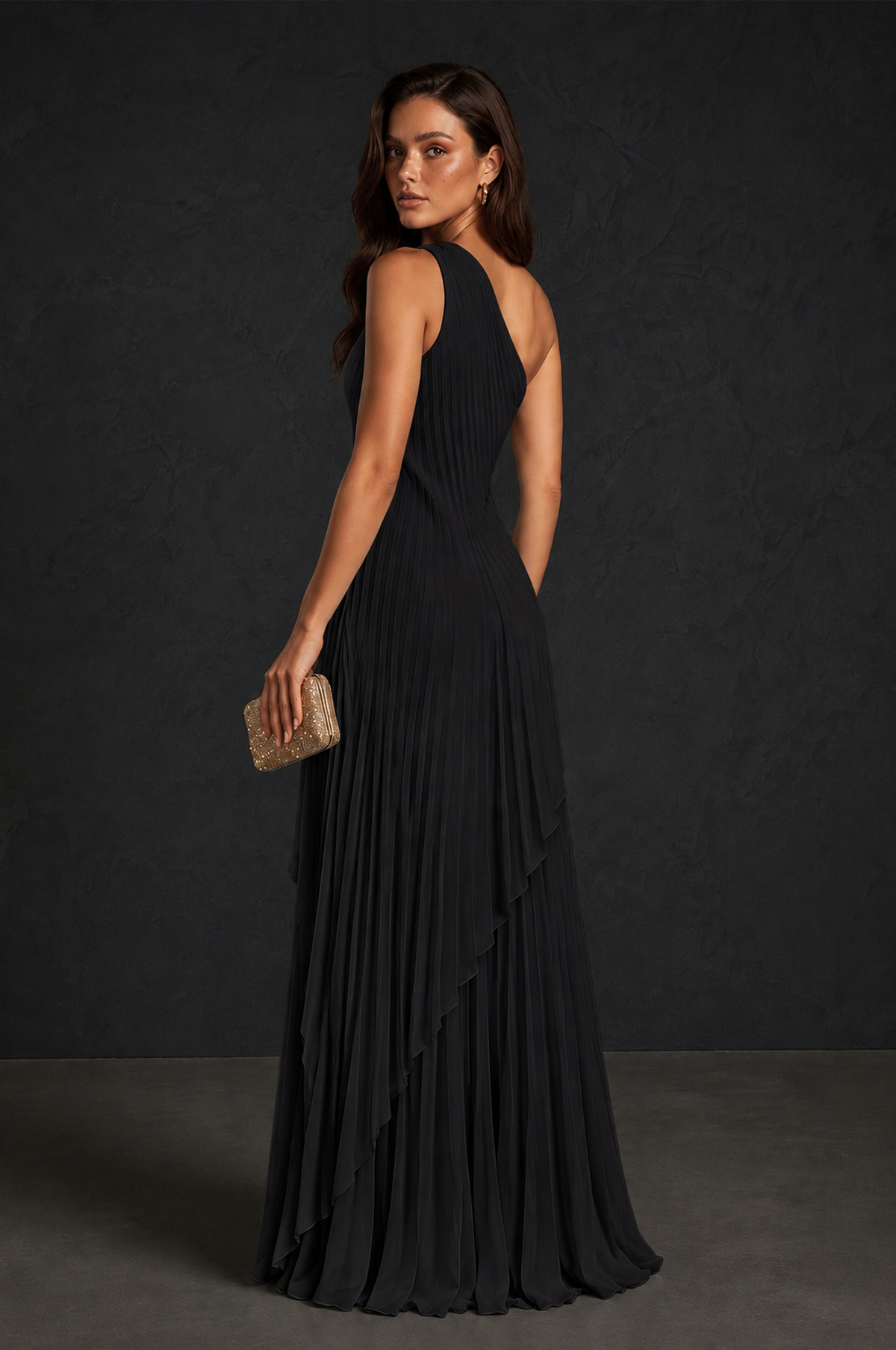 BOLODOO Black One-Shoulder Sunburst Pleated Asymmetric Layered Overlay Accordion Pleated Chiffon Maxi Dress - Black
