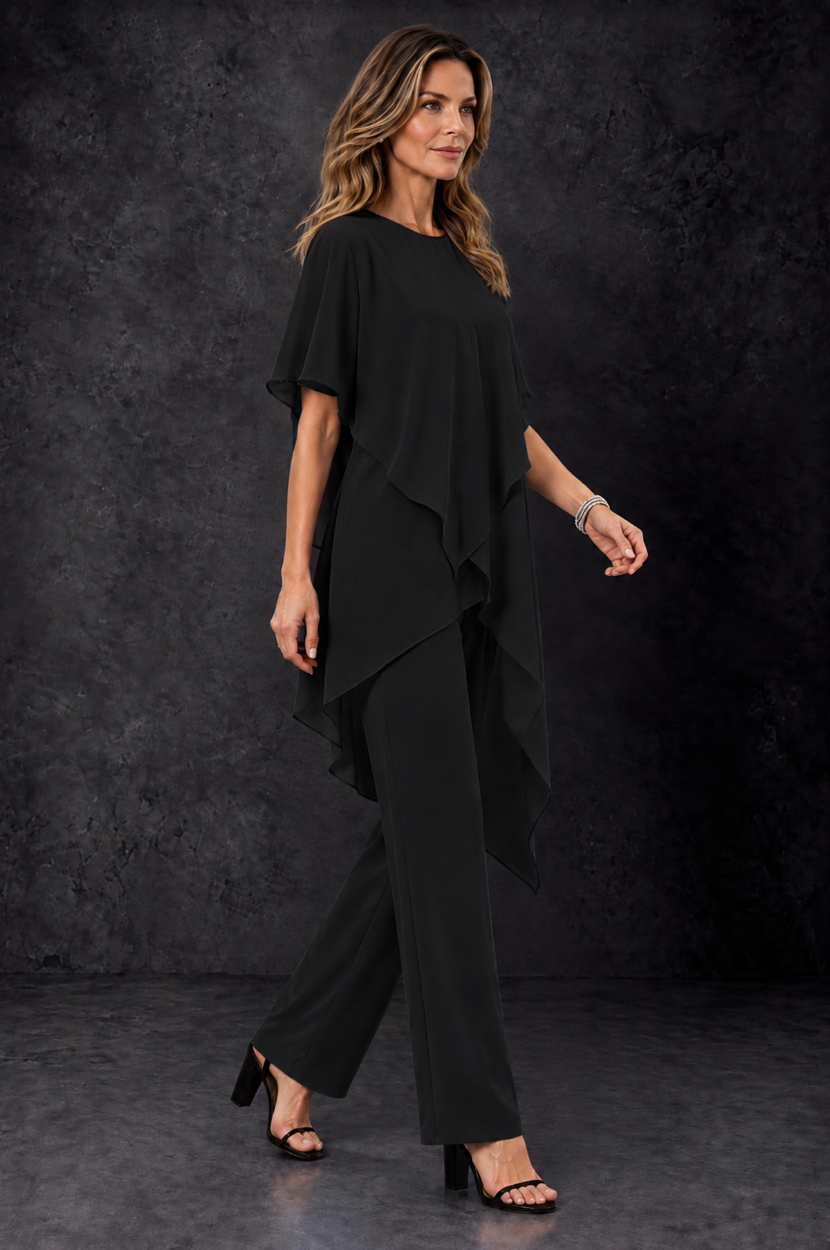 BOLODOO Black Chiffon Two Piece Mother of the Bride Pant Suit - Black - Black_2