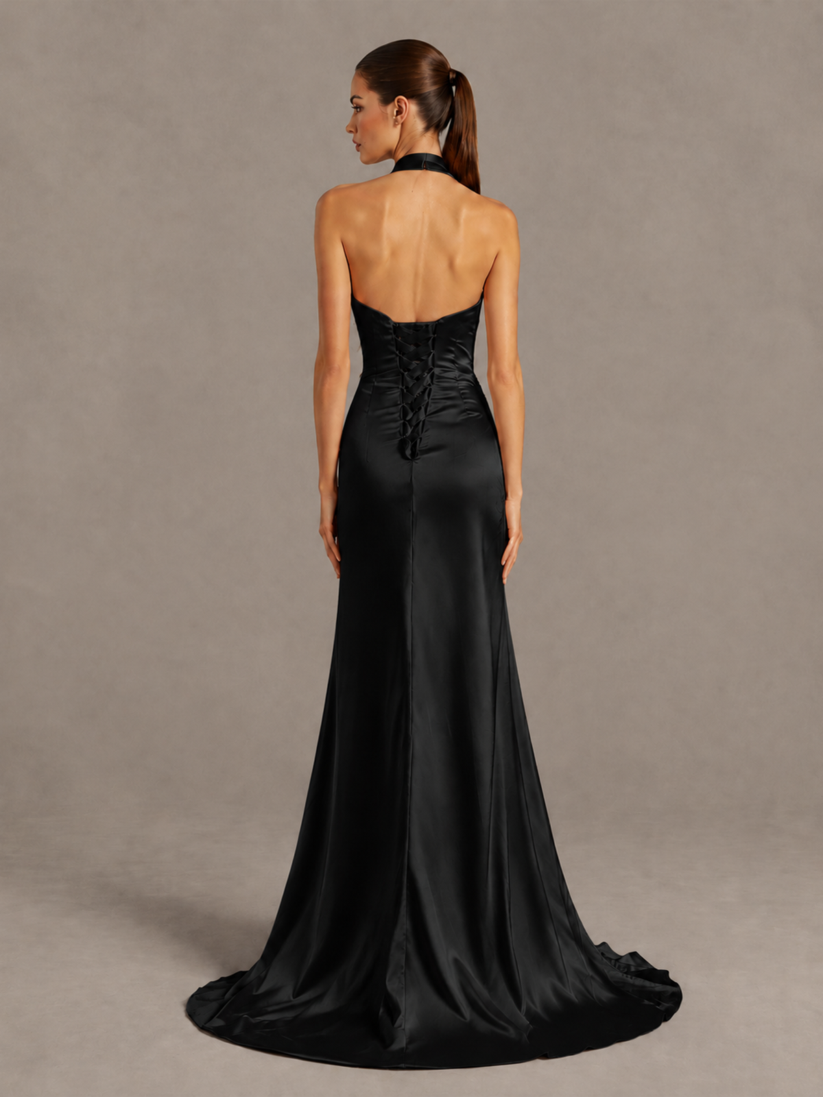 BOLODOO Black Halter Satin Evening & Prom Dress with High Slit - Black - Black_2