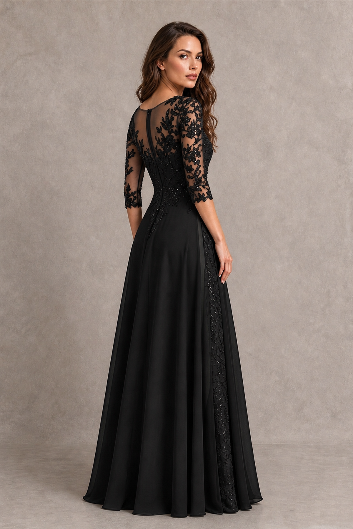 BOLODOO Midnight Black Beaded Lace Appliqué Chiffon A-Line Gown | Mother of the Bride & Formal Evening Dress - Black - Black_2