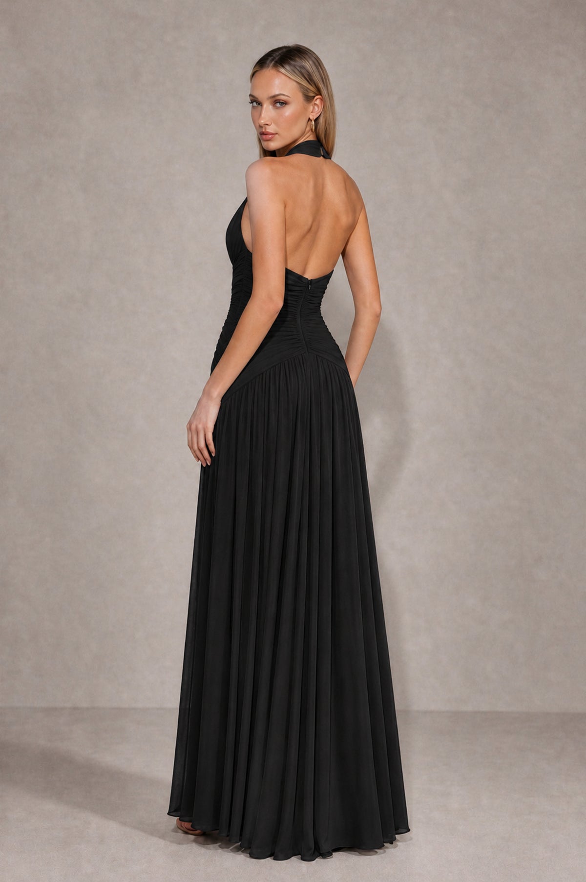 BOLODOO Black Chiffon Halter Deep V-Neck Ruched A-Line Backless Maxi Dress with Train-BD0167 - Black - Black_2
