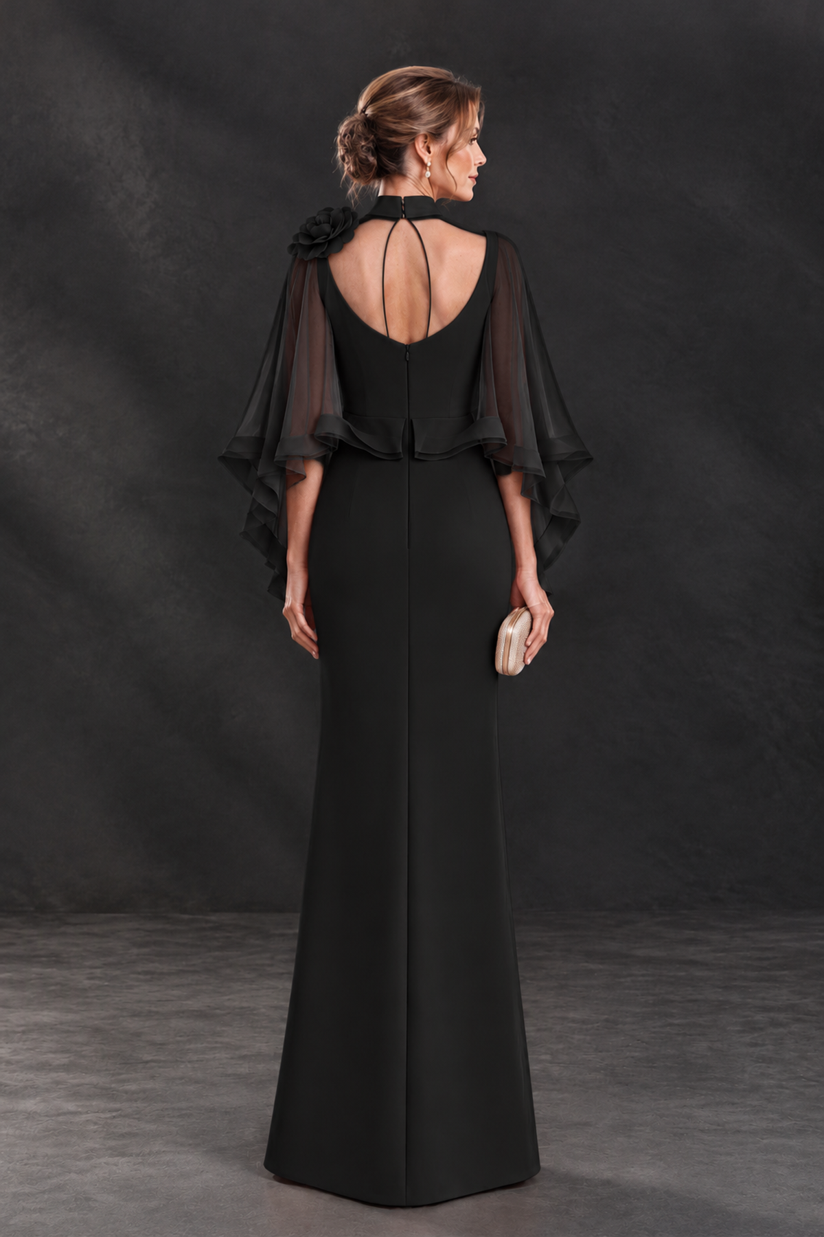 BOLODOO Black Floral Cape Sleeve Mother of the Bride Dress - Black - Black_2