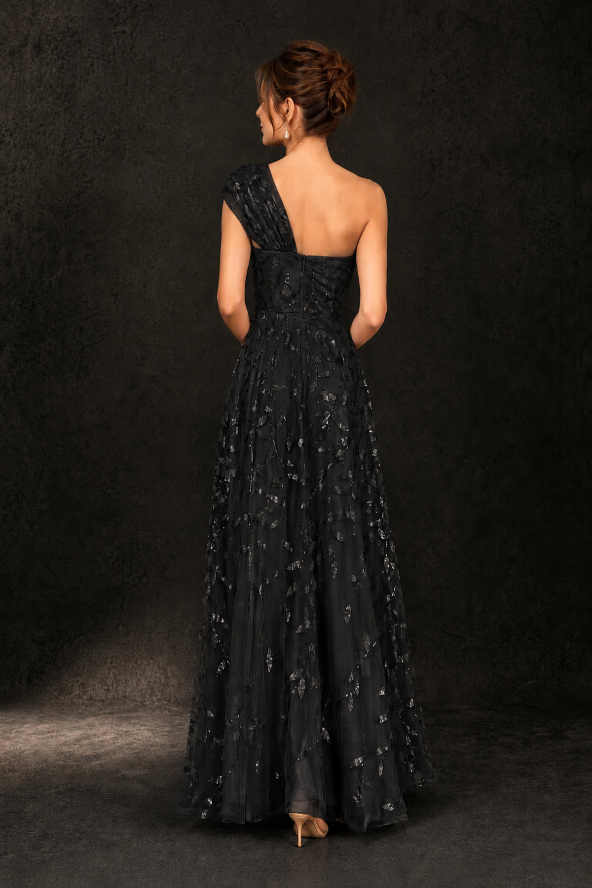 BOLODOO Black Leaf Sequin One-Shoulder A-Line Maxi Gown – Mother of the Bride & Formal Evening Dress - Black - Black_2