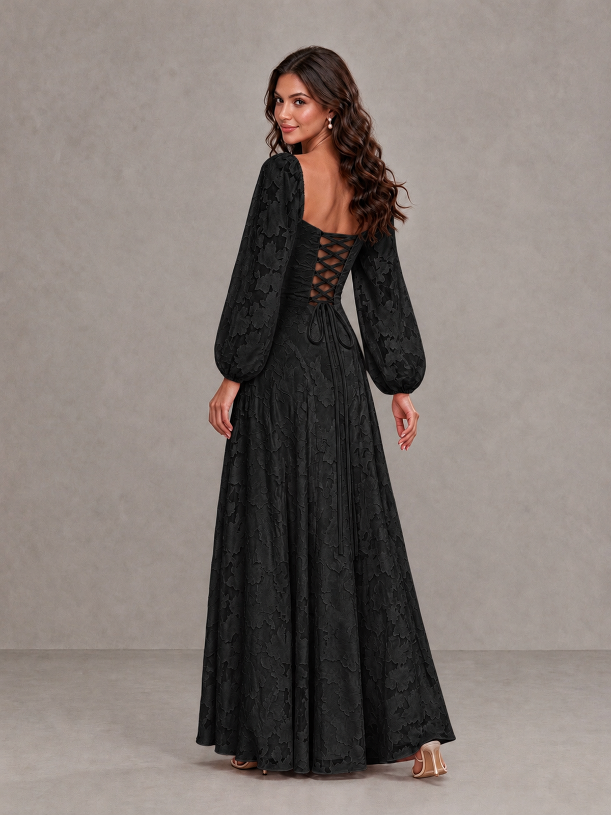 BOLODOO Black Floral Long Sleeve A-Line Bridesmaid Dress - Black - Black_2