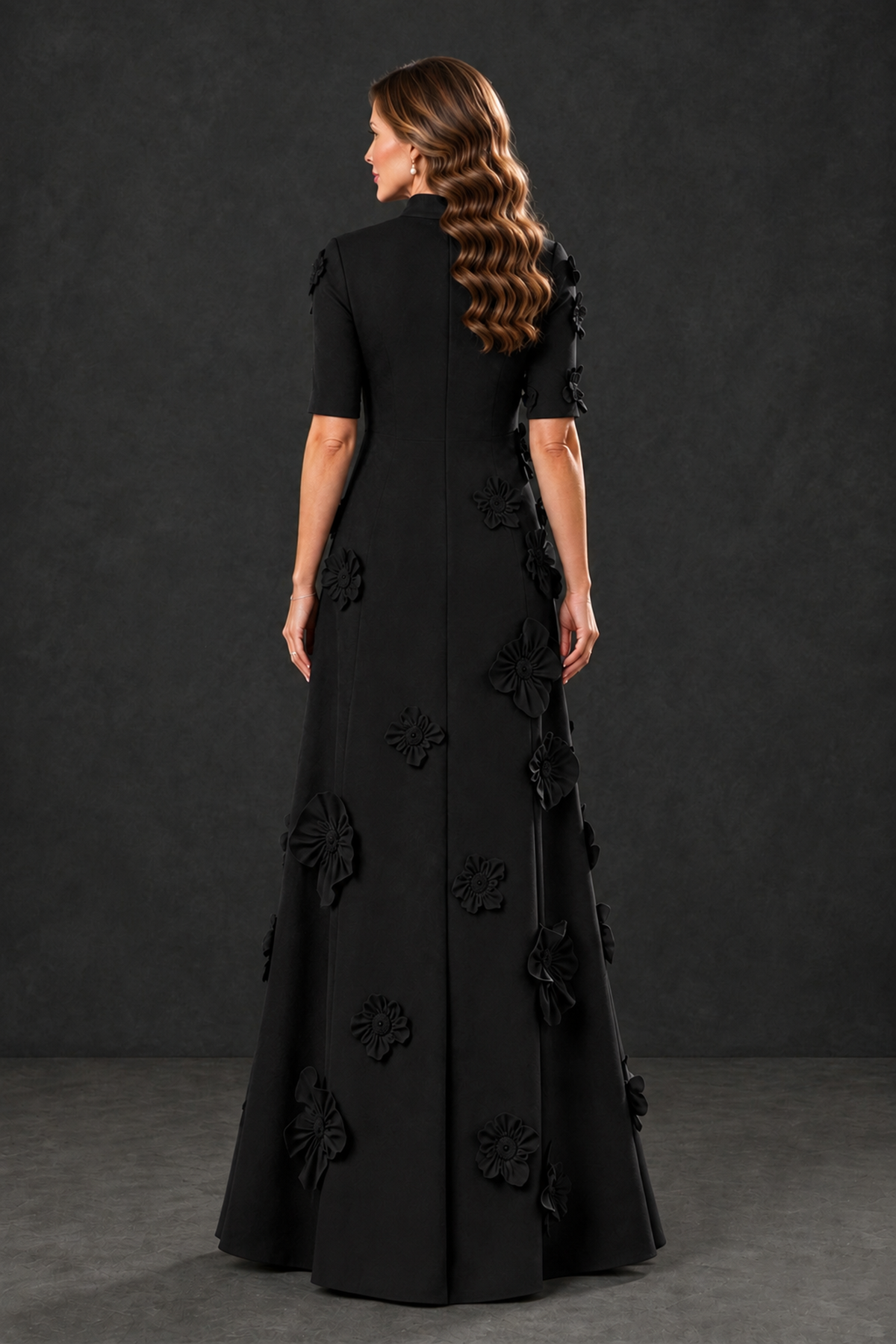 BOLODOO Black Floral Applique High-Neck Half-Sleeve Gown - Black - Black_2