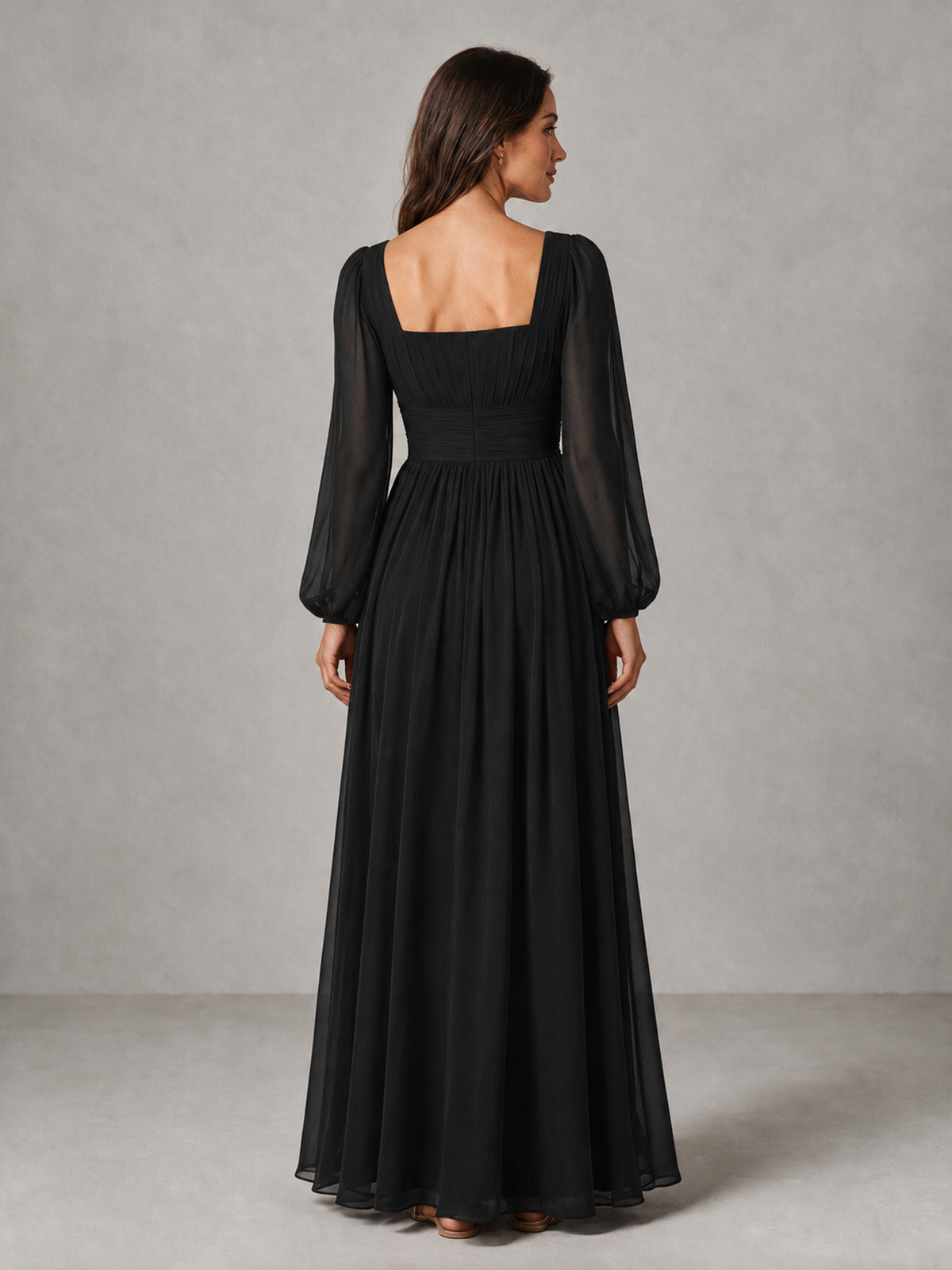 BOLODOO Black Square Neck Long Sleeve Chiffon Bridesmaid Dress - Black - Black_2