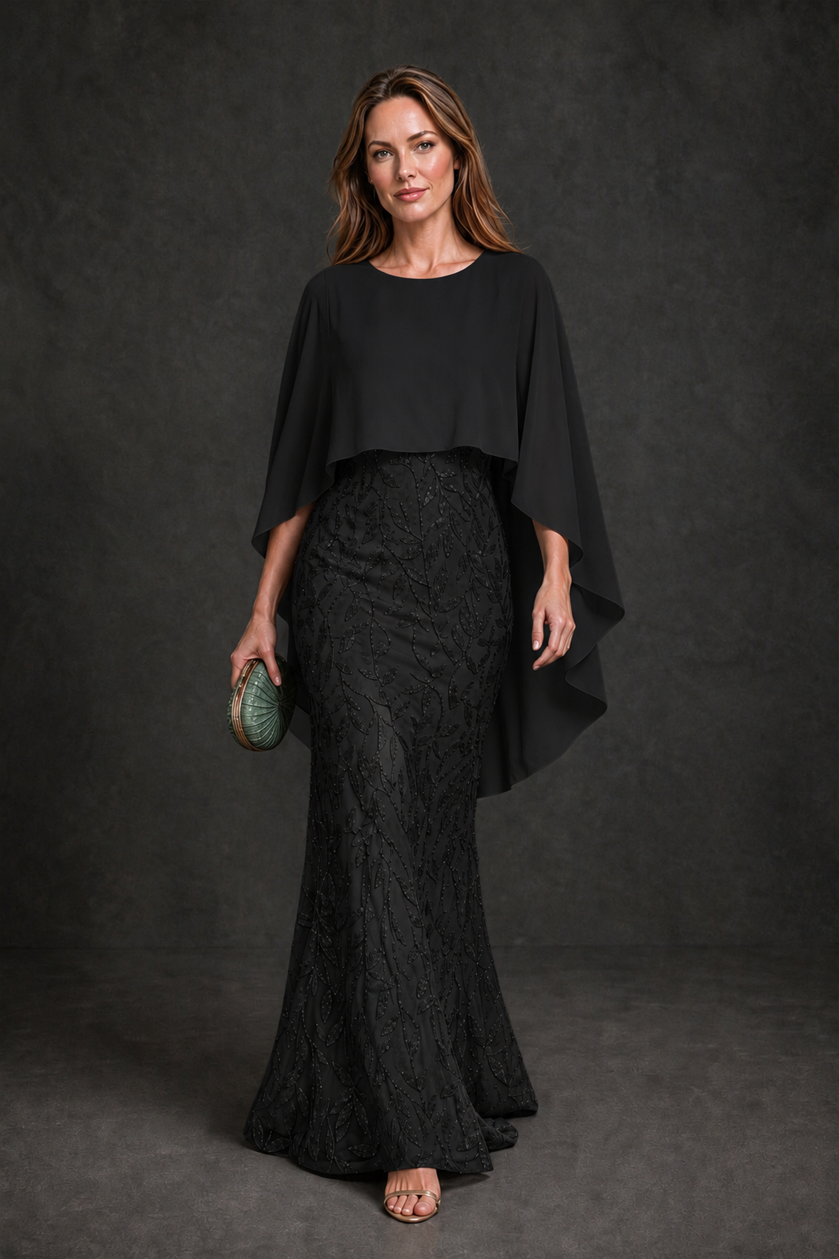 BOLODOO Black Round Neck Chiffon Cape Overlay Sequin Lace Mermaid Maxi Dress - Black - Black_2