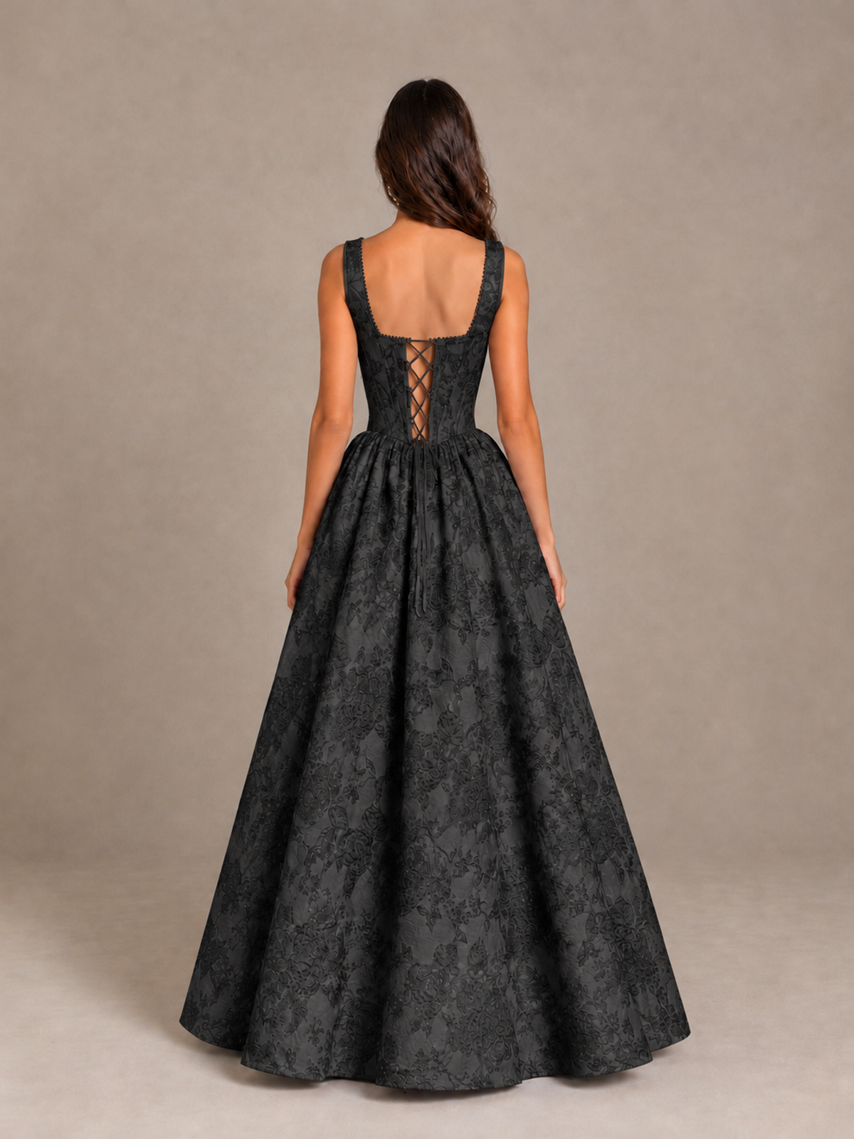 BOLODOO Black Floral Corset A-Line Prom Dress with Lace-Up Back - Black - Black_2
