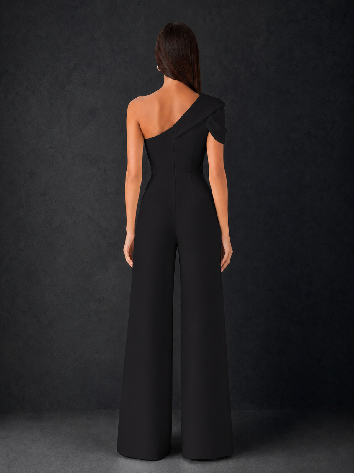 BOLODOO Black One-Shoulder Puff Sleeve Wide-Leg Jumpsuit with Front Slit and Open Back - Black