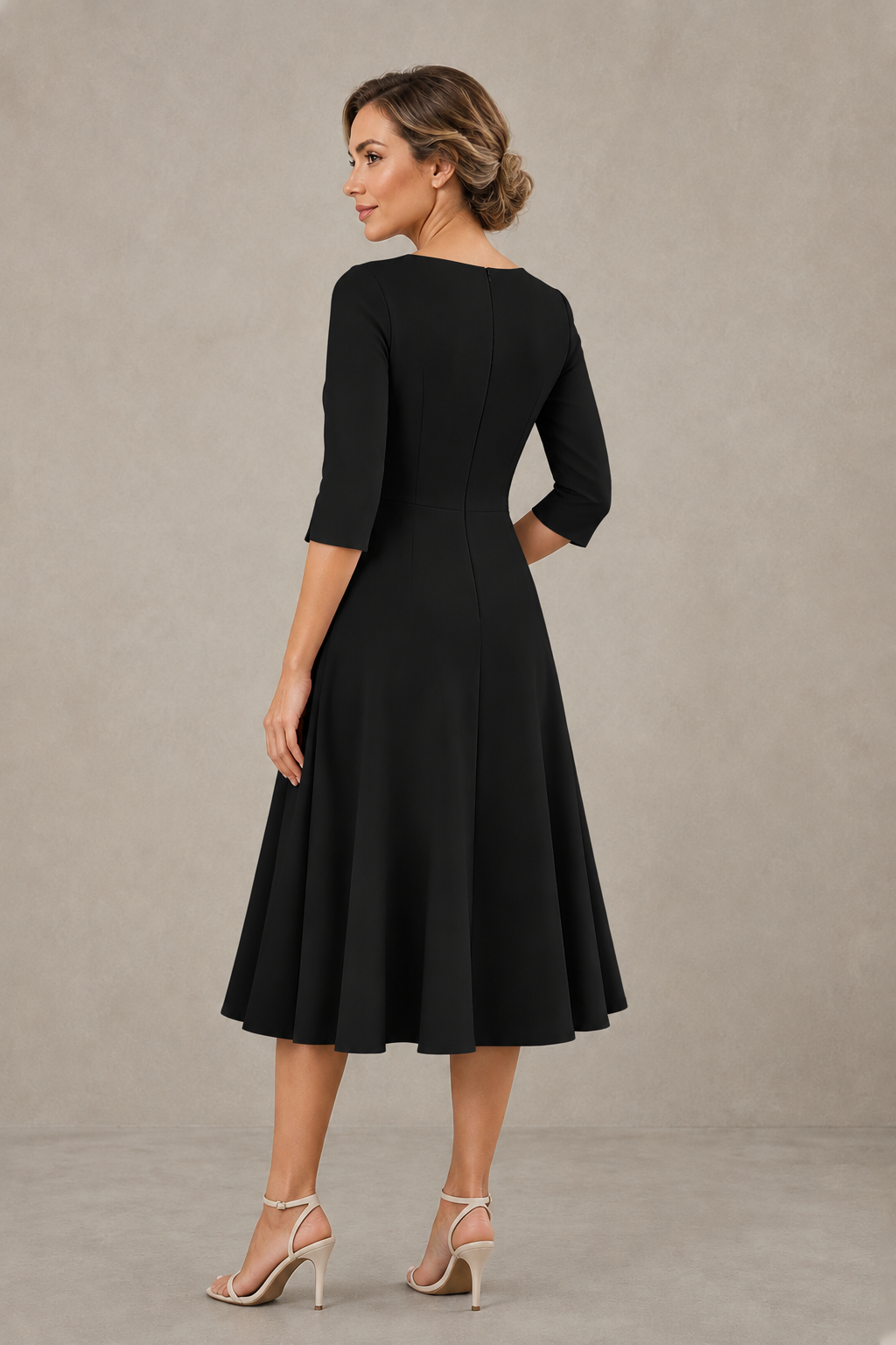 BOLODOO Black 3/4 Sleeve A-Line Dress with Floral Embroidery – Mother of the Bride & Wedding Guest Dress - Black