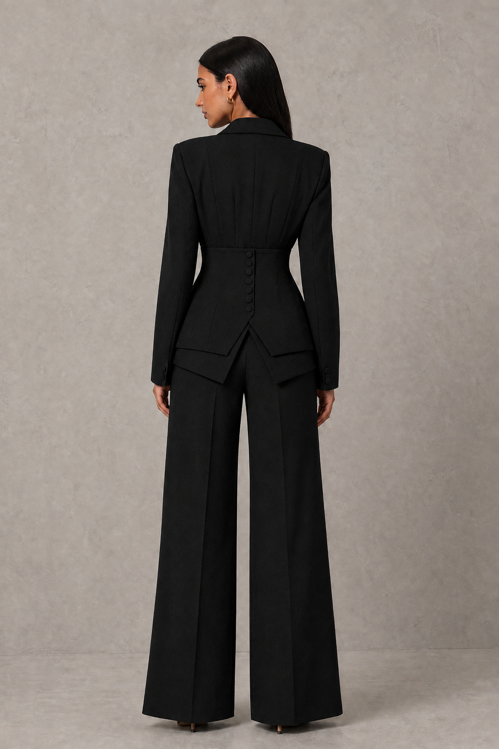 BOLODOO Black Cinched Waist Blazer and Wide Leg Pants Two Piece Suit Set - Black