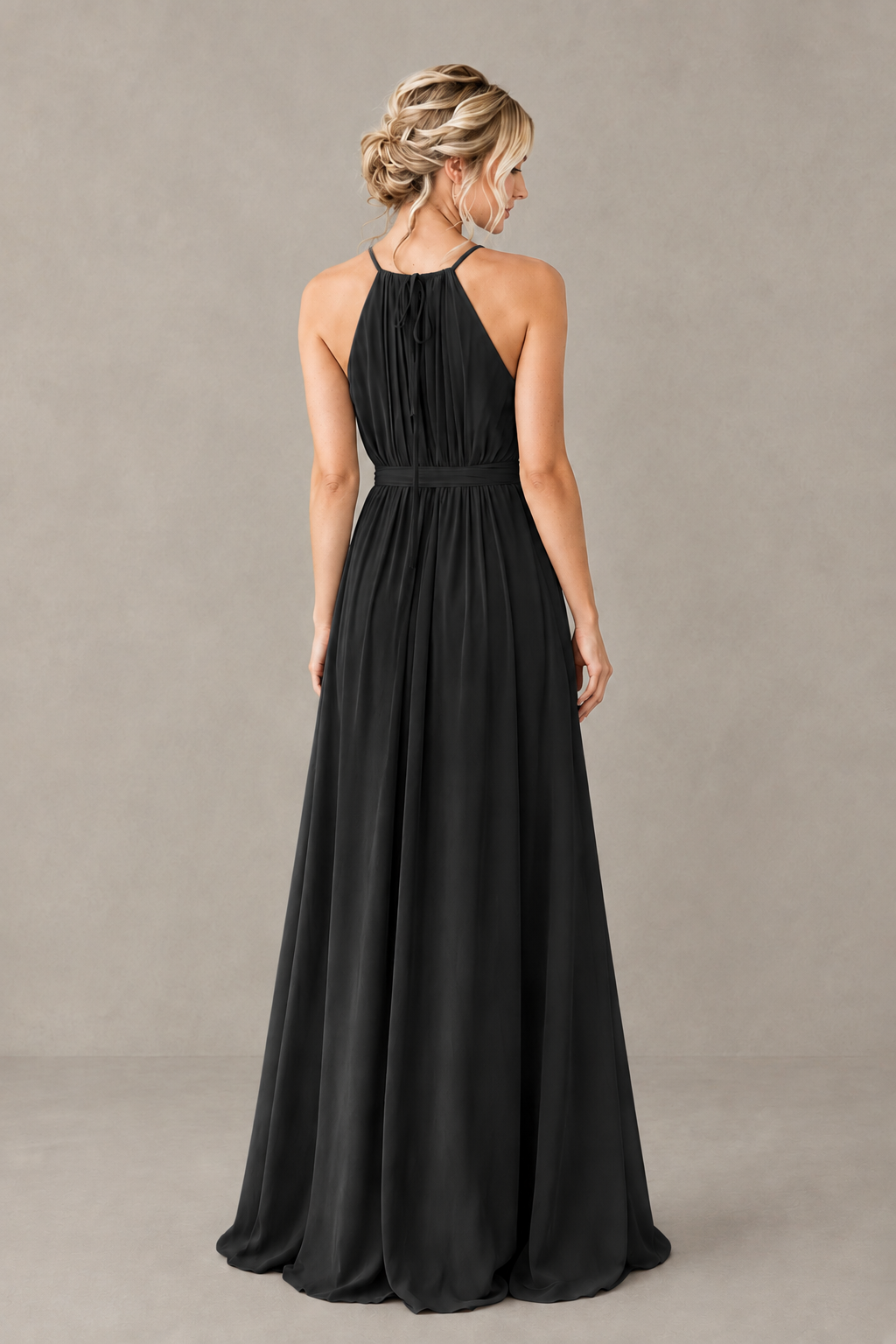 BOLODOO Black Halter Chiffon Bridesmaid Dress with High Slit - Black