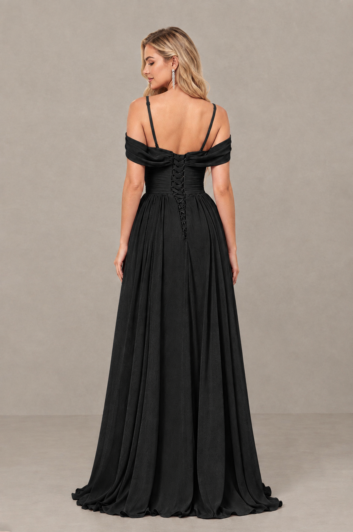 BOLODOO Black Off-Shoulder Bridesmaid Dress with Slit - Black