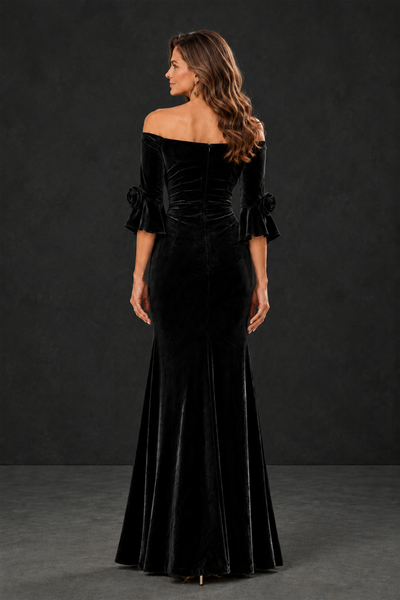 BOLODOO Black Velvet Mother of the Bride Dress with Rosette Sleeves - Black - Black_2