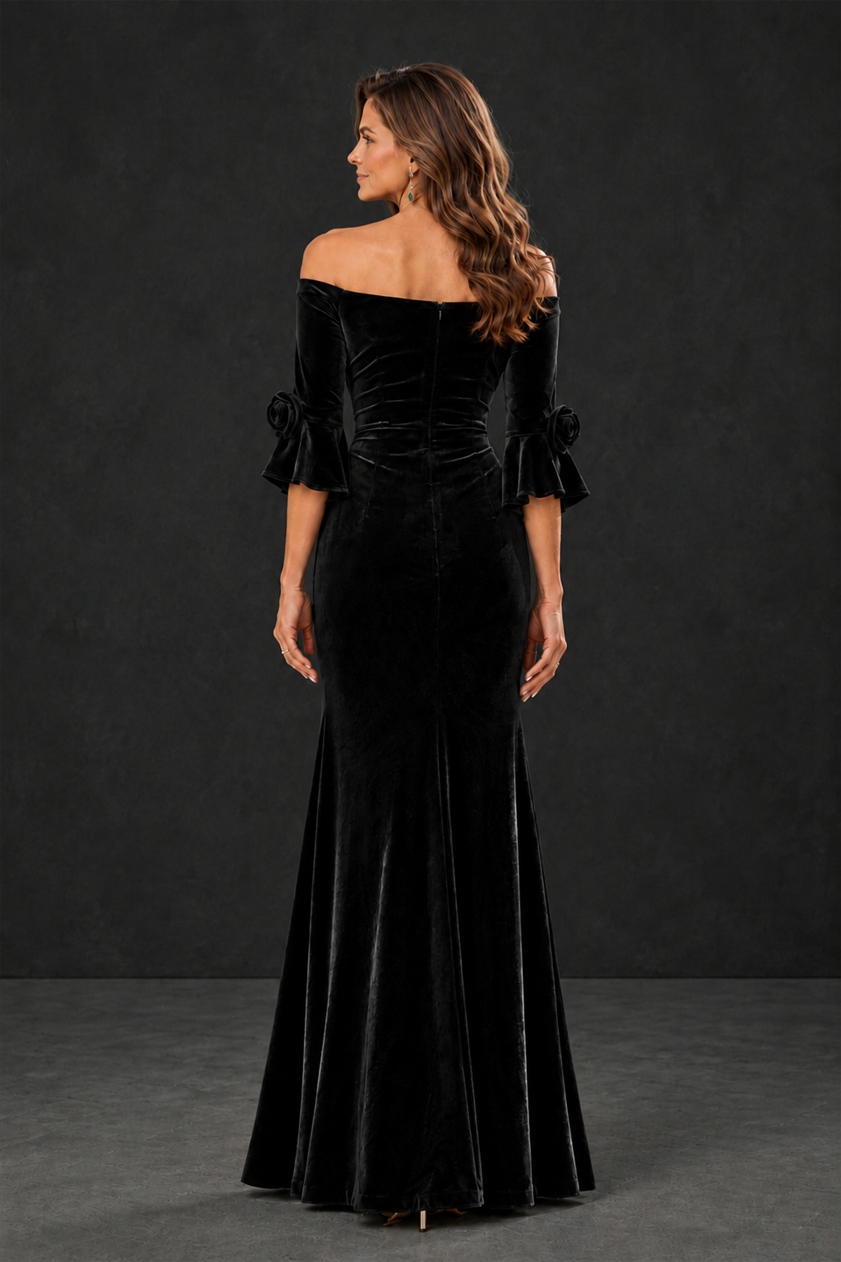 BOLODOO Black Velvet Mother of the Bride Dress with Rosette Sleeves - Black - Black_2