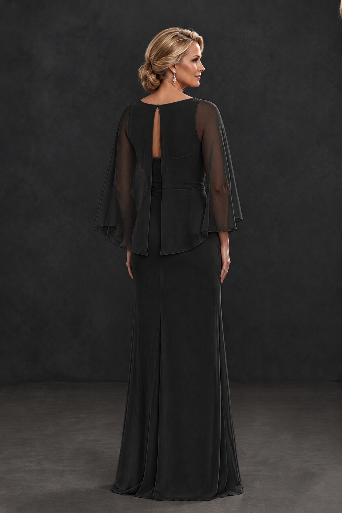 BOLODOO Black Cape Sleeve Mother of the Bride Dress with Ruched Waist - Black - Black_2