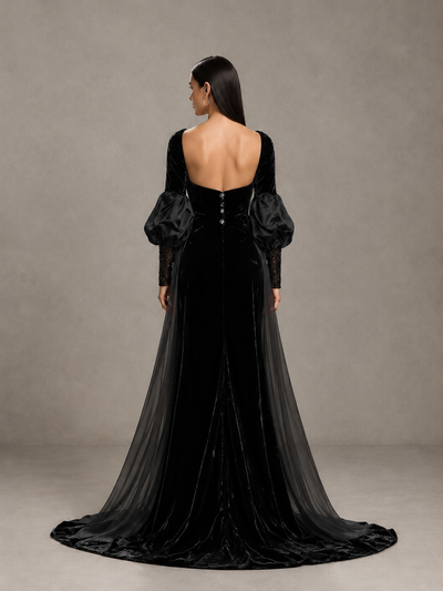 BOLODOO Black Velvet Long Sleeve Open-Back Evening Gown - Black - Black_2