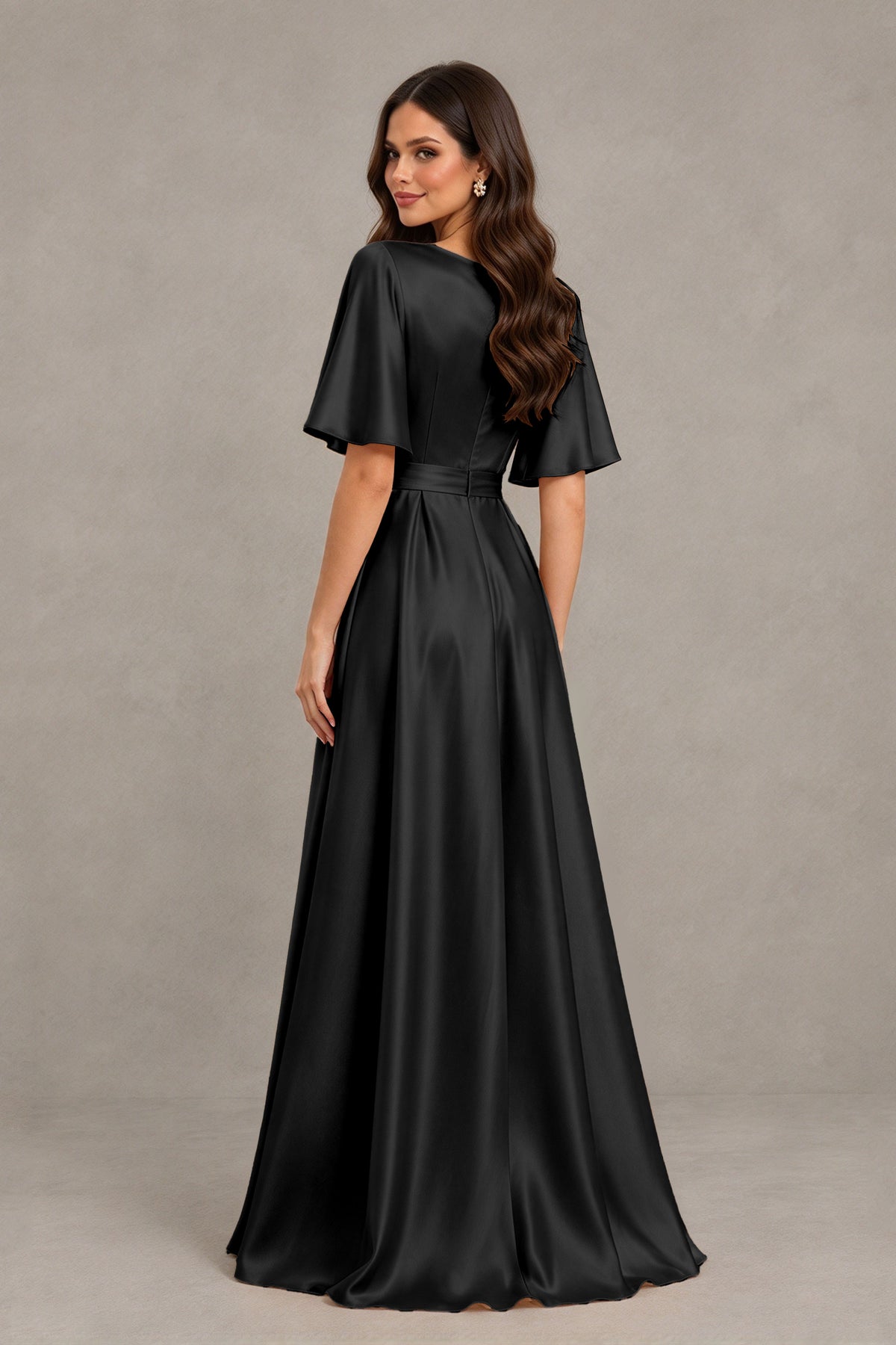 BOLODOO Black Satin V-Neck Flutter Sleeve Bridesmaid Dress with Slit - Black - Black(2)