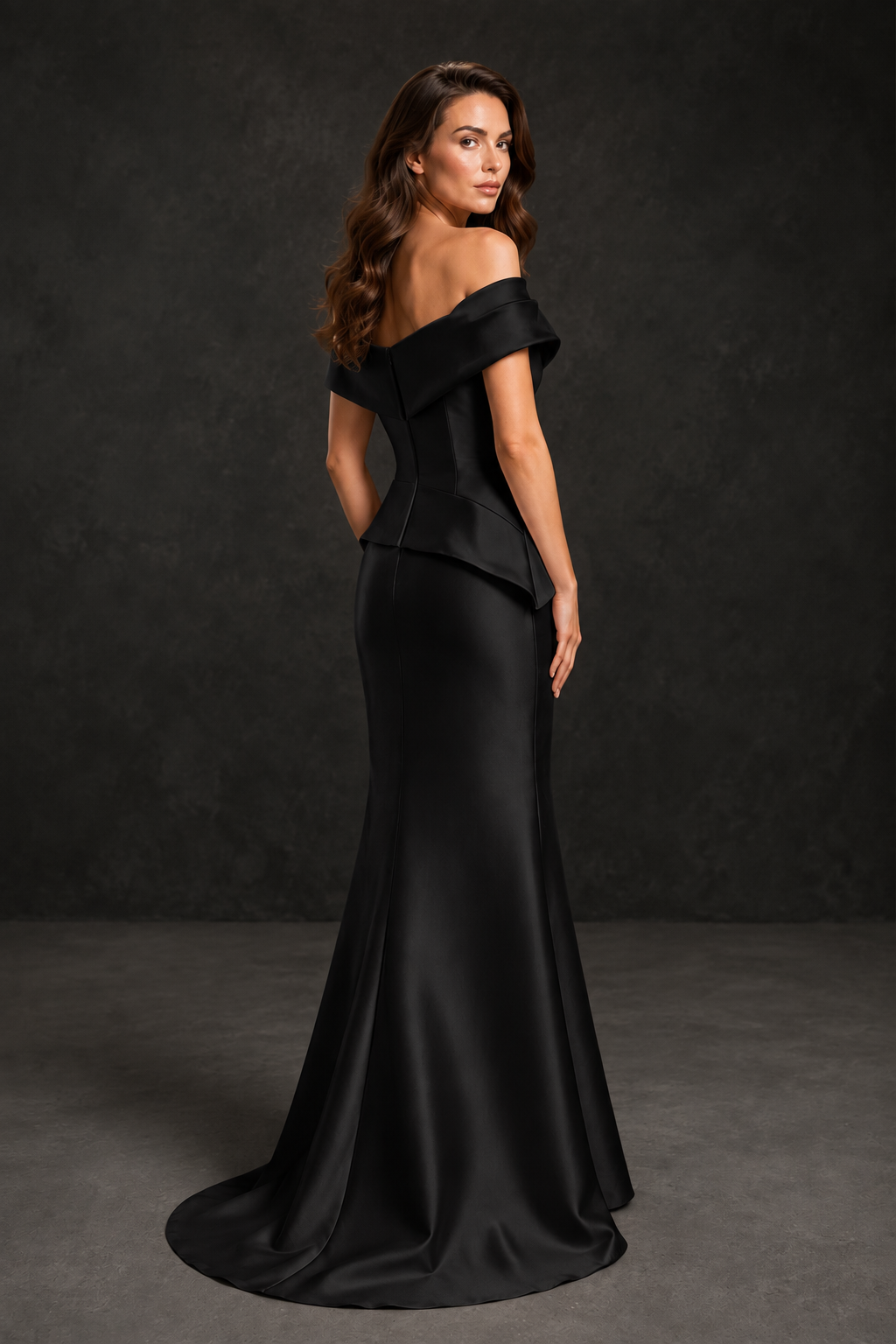 BOLODOO Black Satin Off-Shoulder Sweetheart Asymmetric Peplum Mermaid Gown with Black Floral Embroidery | MOB Evening Dress - Black