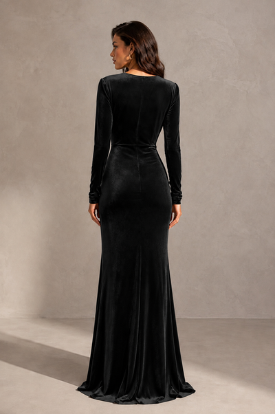 BOLODOO Black Velvet Long Sleeve V-Neck Ruched Evening Gown - Black