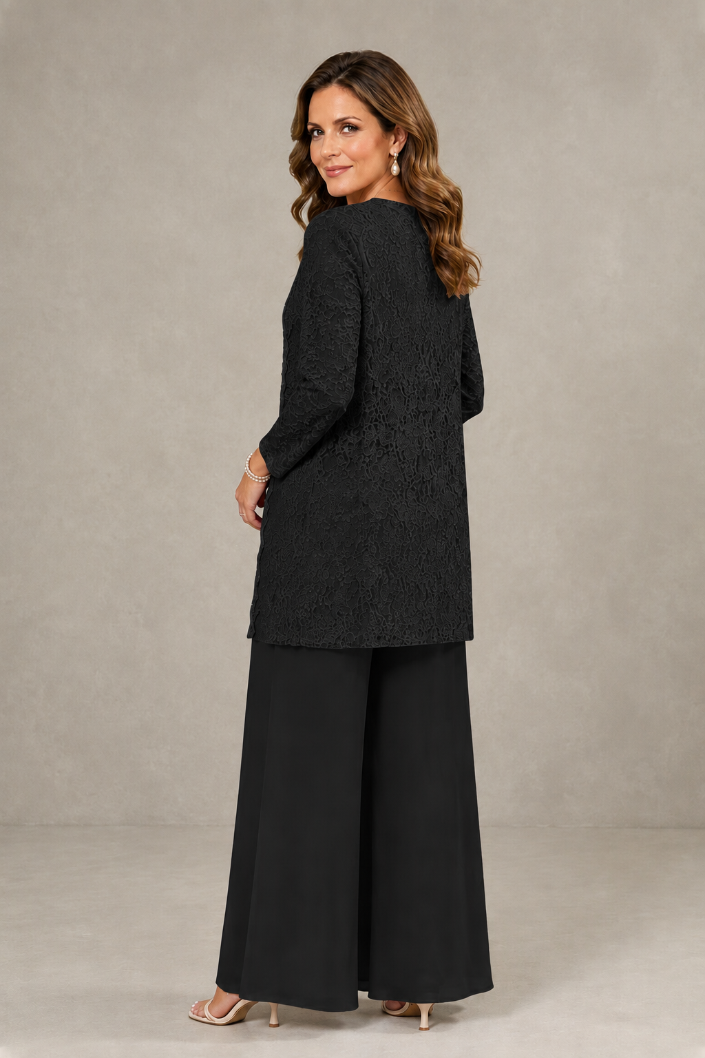 BOLODOO Black 3-Piece Lace Chiffon Pantsuit – Mother of the Bride Wedding Guest with Jacket - Black