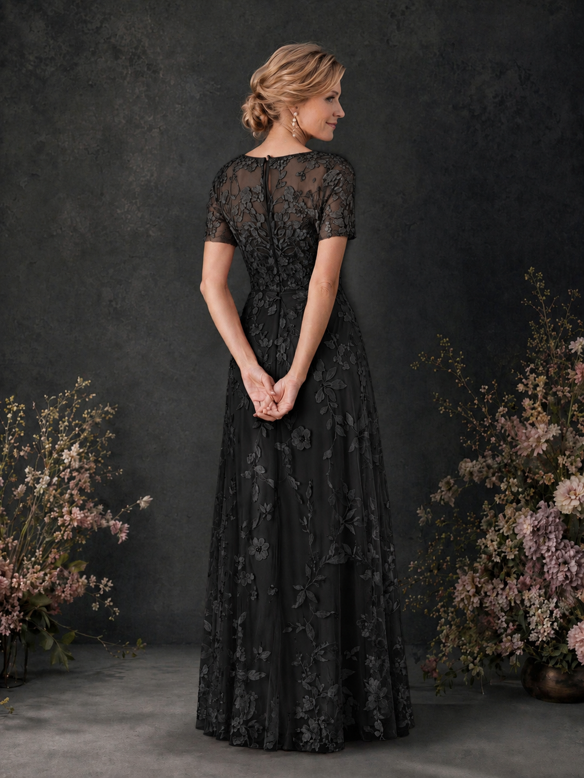 BOLODOO Black 3D Floral Embroidered Lace V-Neck Short Sleeve A-Line Maxi Dress - Black