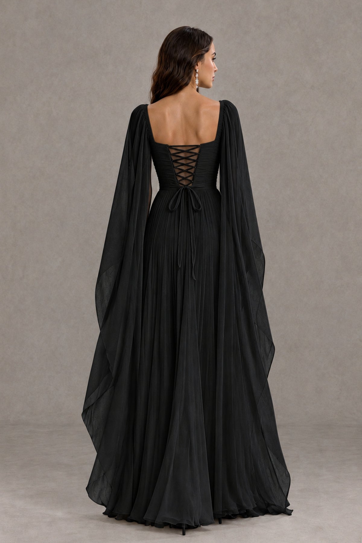 BOLODOO Black Square Neck Cape Sleeve A-Line Evening Dress - Black - Black_2