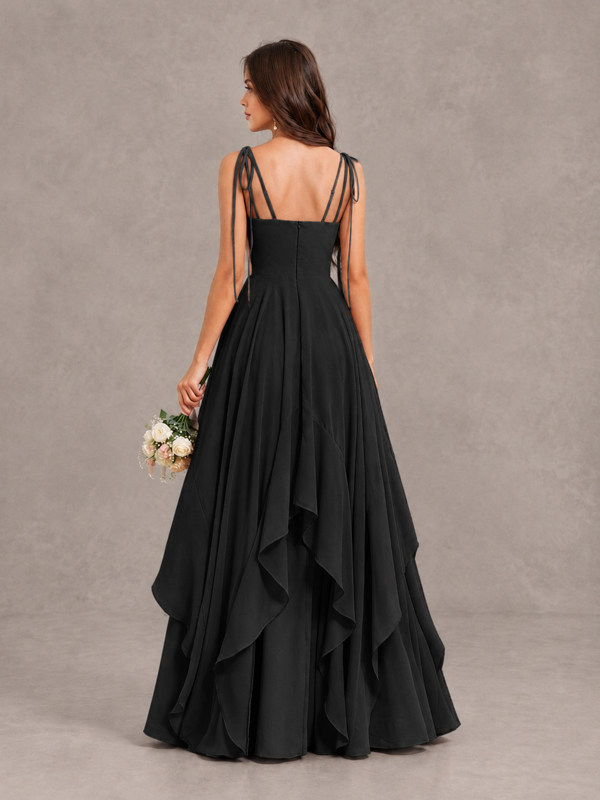 BOLODOO Black Tie-Strap Ruffle A-Line Bridesmaid Dress - Black - Black_2
