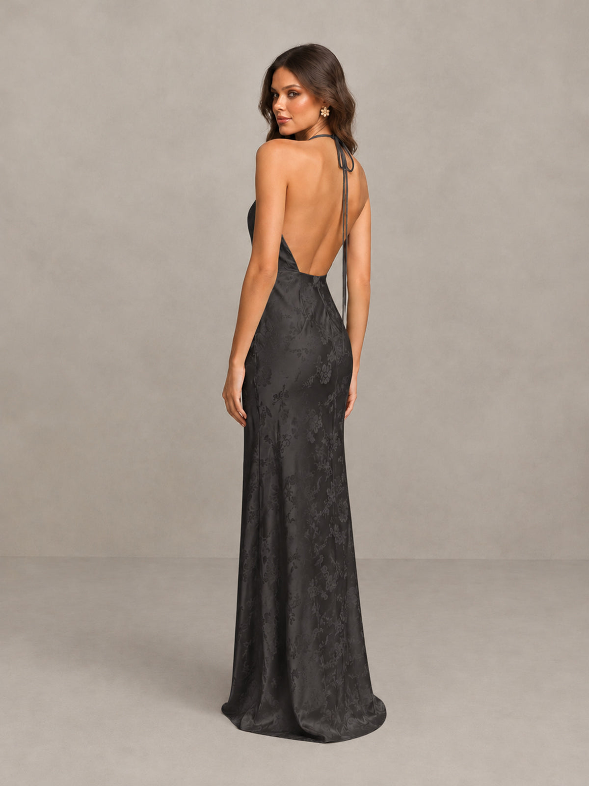 BOLODOO Black Floral Satin Open-Back Bridesmaid Dress - Black - Black_2
