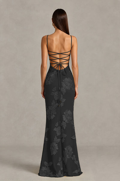 BOLODOO Black Floral Lace-Up Back Mermaid Maxi Dress - Black