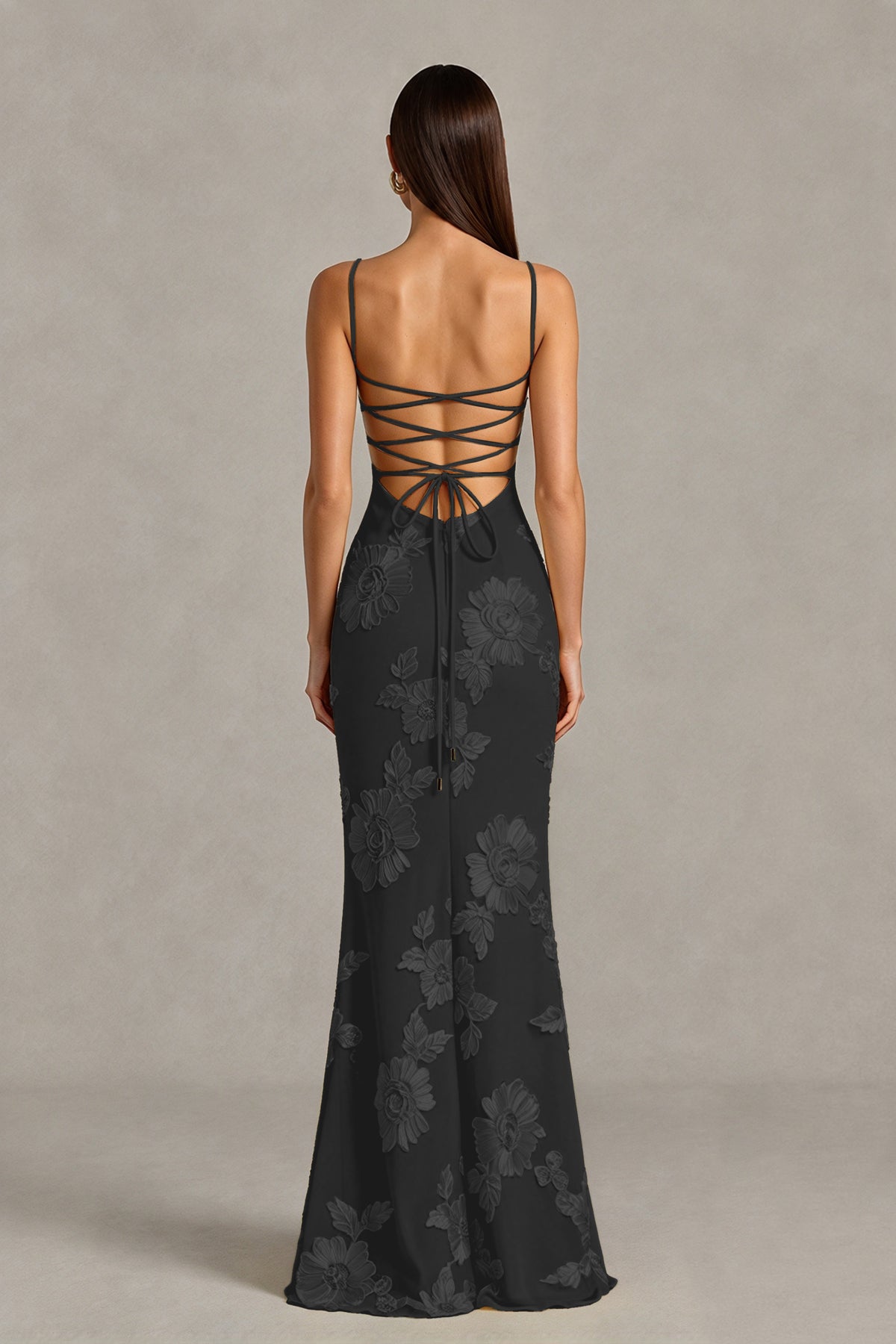 BOLODOO Black Floral Lace-Up Back Mermaid Maxi Dress - Black