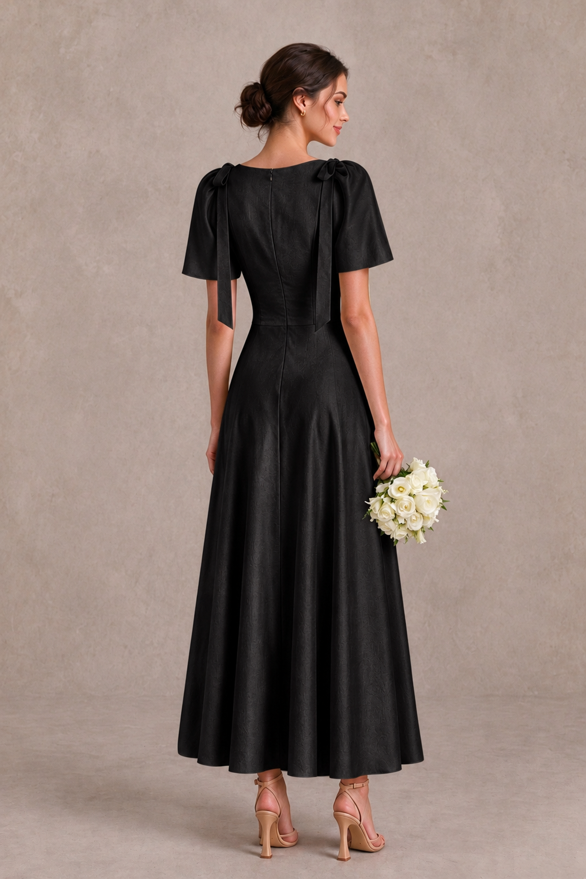 BOLODOO Black V-Neck Short Sleeve Satin-Look Bridesmaid Dress with Shoulder Bows - Black - Black_2