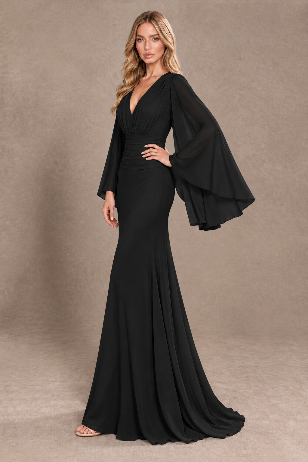 BOLODOO Black Cape Sleeve V-Neck Ruched Chiffon Evening Dress - Black - Black_2