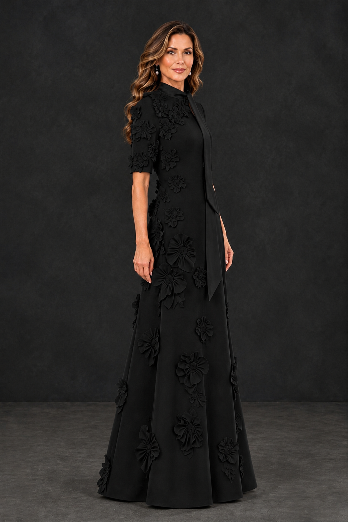 BOLODOO Black Floral Applique High-Neck Half-Sleeve Gown - Black - Black_3