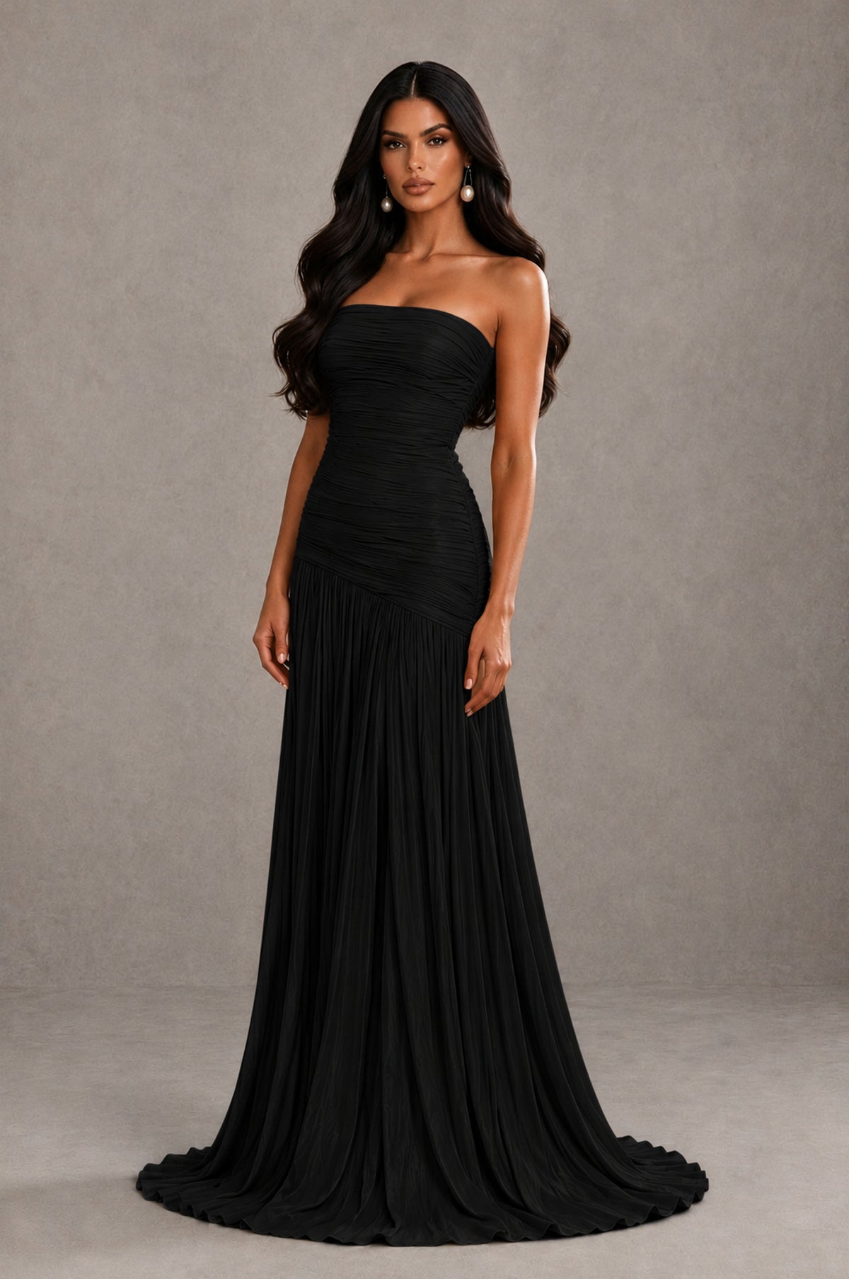 BOLODOO Black Metallic Ruched Strapless Pleated A-Line Backless Maxi Dress with Train - Black - Black_3
