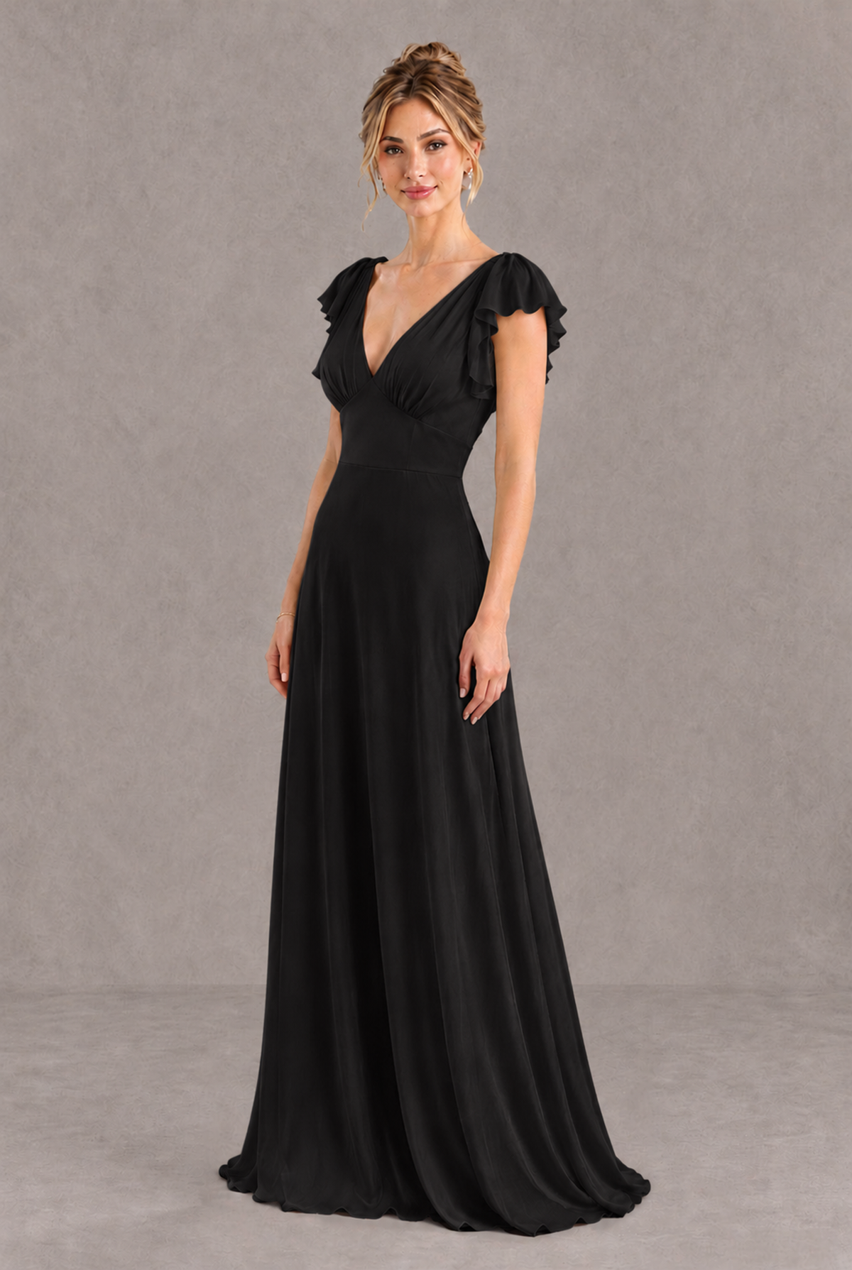 BOLODOO Black V-Neck Flutter Sleeve A-Line Bridesmaid Dress - Black - Black_3