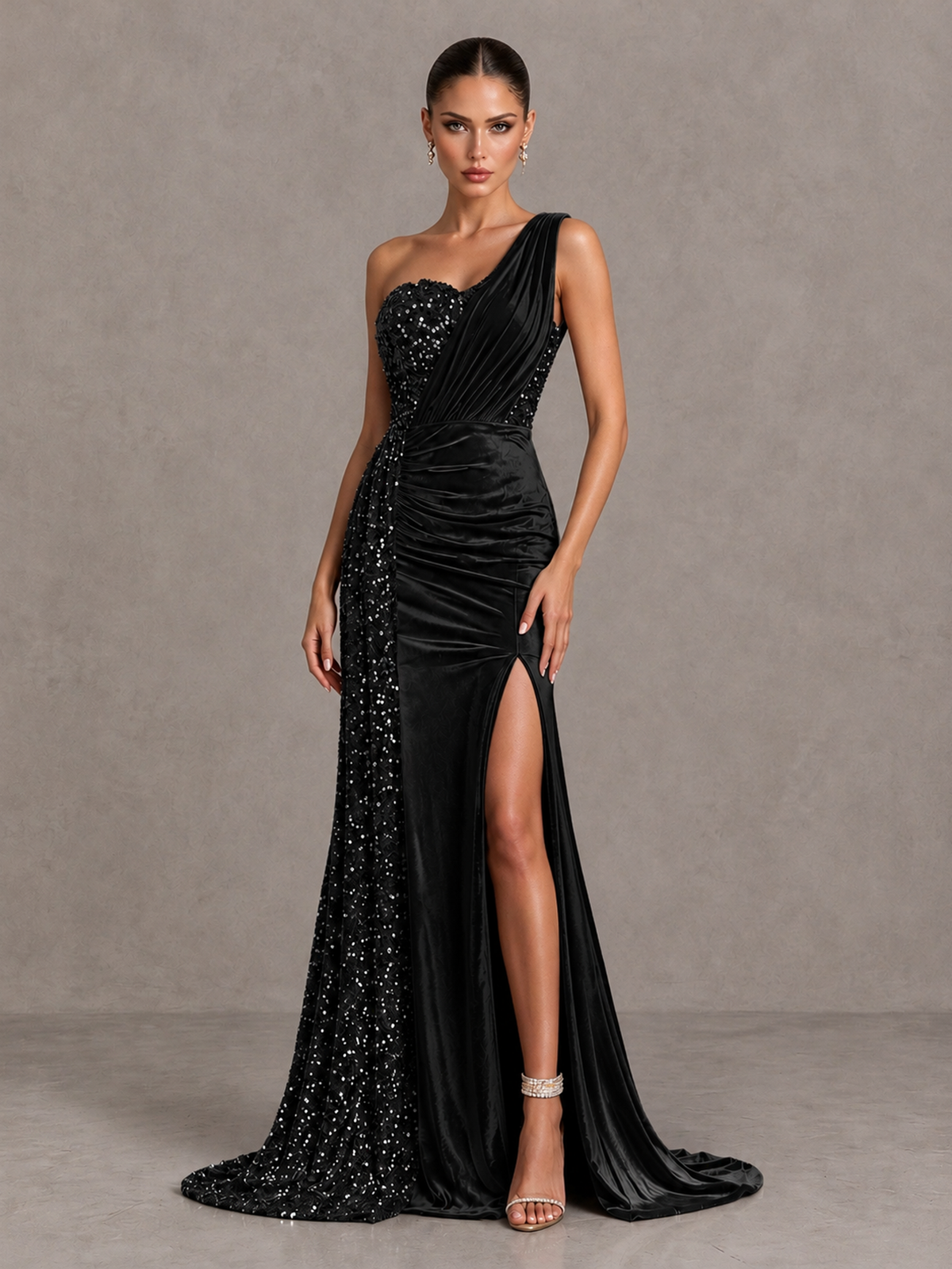 BOLODOO Black One-Shoulder Satin Sequin Gown with High Slit - Black - Black_3